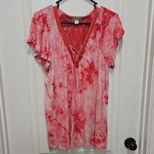 Red Tie-Dye Lace-Trim Women's Top